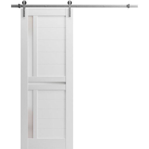 Sartodoors Sturdy Barn Door 18 x 80in, White Silk W/ Frosted Glass, SS 6.6FT Rail Hangers Heavy Set VEREGIO7288BD-S-WS-18